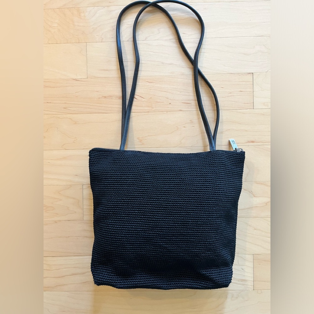 The Sak Black Woven Crocheted Double Strap Shoulder Bag.  Zipper Top. $25.